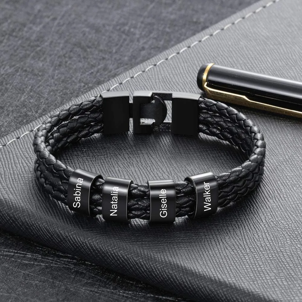 Custom Bracelets for Men Boyfriend,Personalized Mens Braid Leather Bracelet with Kids Names Engrave Bracelet with 1-8 Beads Family Bracelet for Dad Father's Day