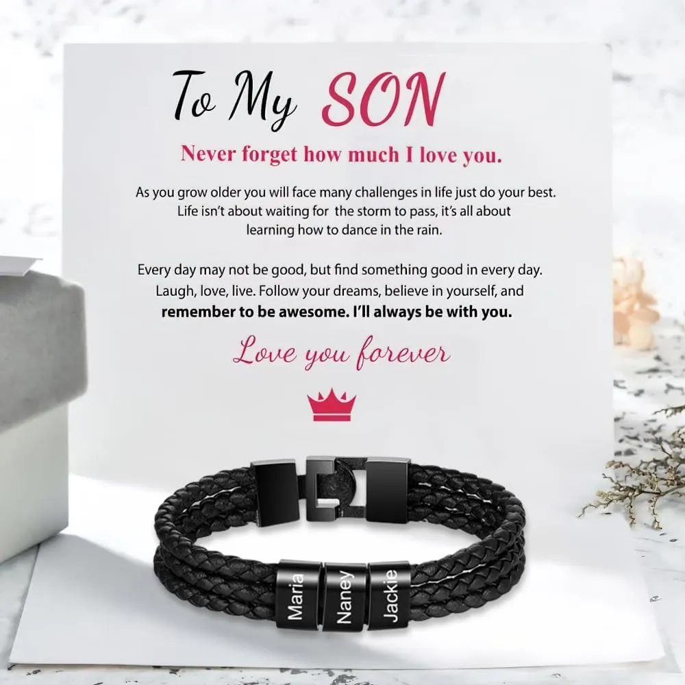 Custom Bracelets for Men Boyfriend,Personalized Mens Braid Leather Bracelet with Kids Names Engrave Bracelet with 1-8 Beads Family Bracelet for Dad Father's Day