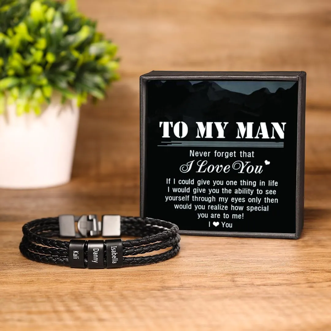 Custom Bracelets for Men Boyfriend,Personalized Mens Braid Leather Bracelet with Kids Names Engrave Bracelet with 1-8 Beads Family Bracelet for Dad Father's Day
