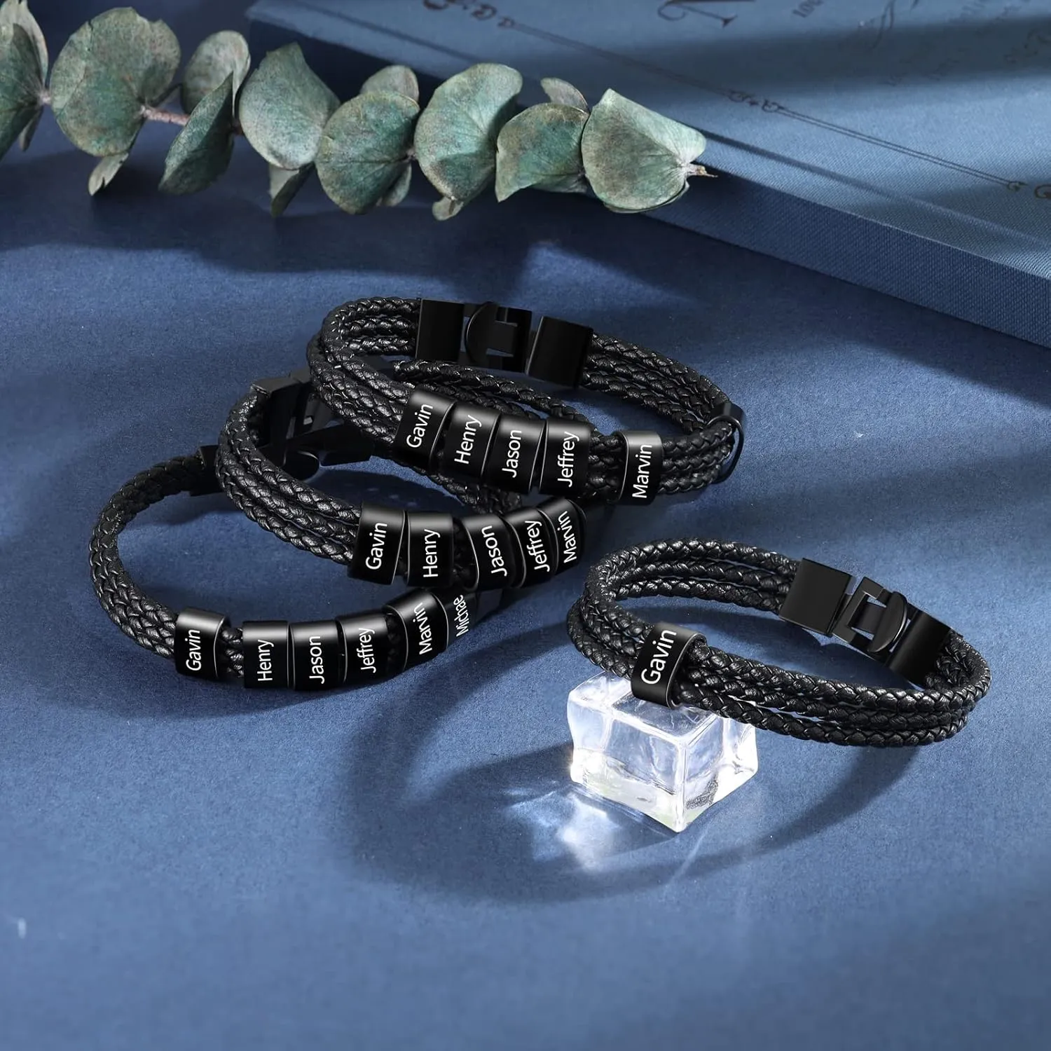 Custom Bracelets for Men Boyfriend,Personalized Mens Braid Leather Bracelet with Kids Names Engrave Bracelet with 1-8 Beads Family Bracelet for Dad Father's Day