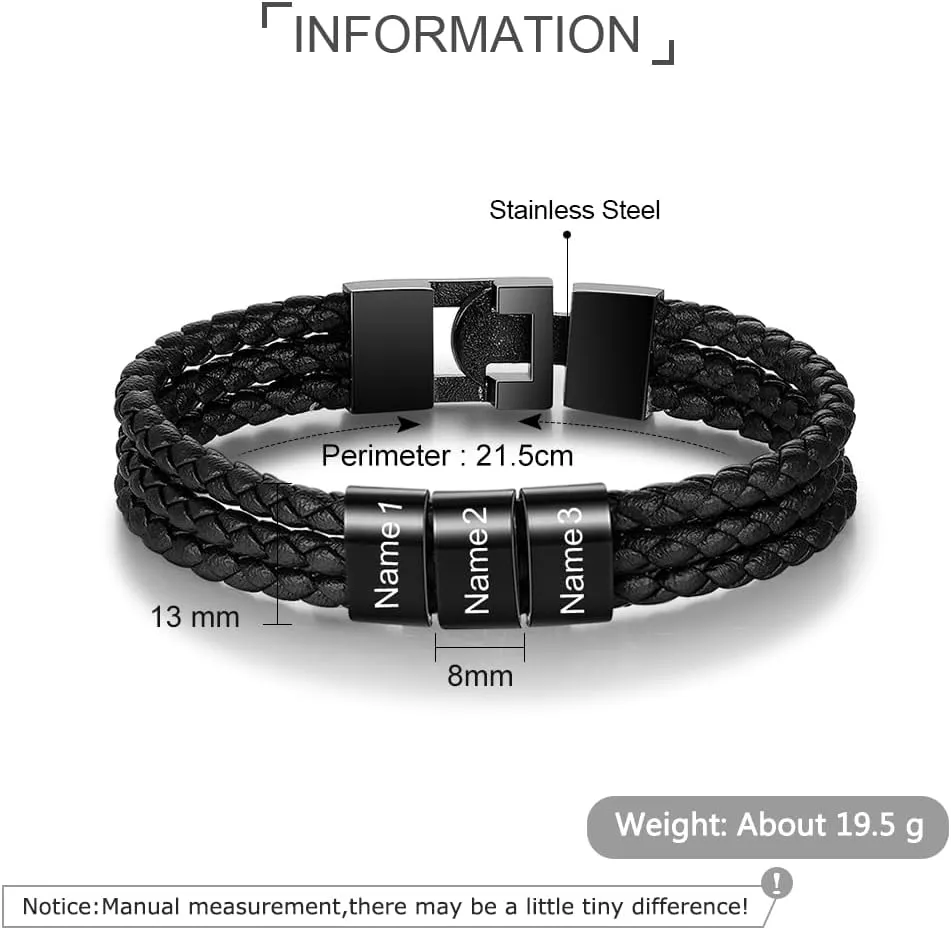 Custom Bracelets for Men Boyfriend,Personalized Mens Braid Leather Bracelet with Kids Names Engrave Bracelet with 1-8 Beads Family Bracelet for Dad Father's Day
