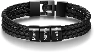 Custom Bracelets for Men Boyfriend,Personalized Mens Braid Leather Bracelet with Kids Names Engrave Bracelet with 1-8 Beads Family Bracelet for Dad Father's Day