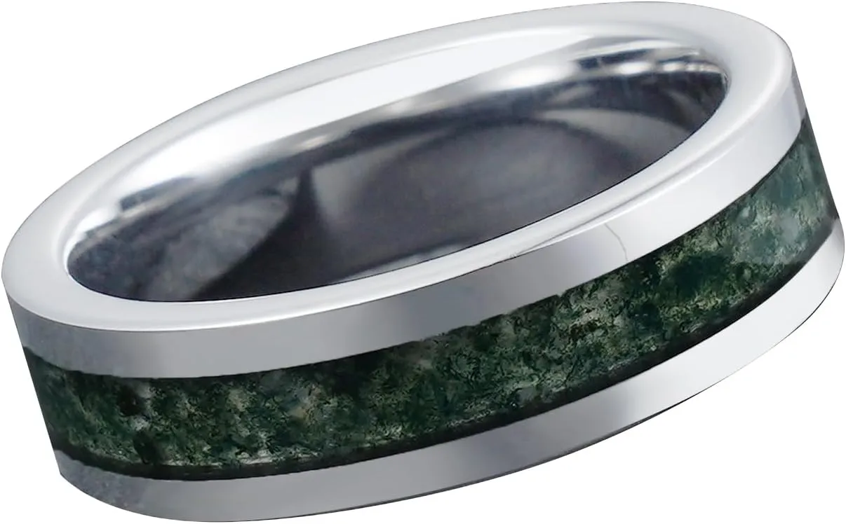 Custom Green Moss Agate Band Ring for Men Women Comfort Fit Statement Engagement Promise Bridal Wedding Jewelry Gifts for Father Teens Friend Polished Finish Width 4/6/8mm