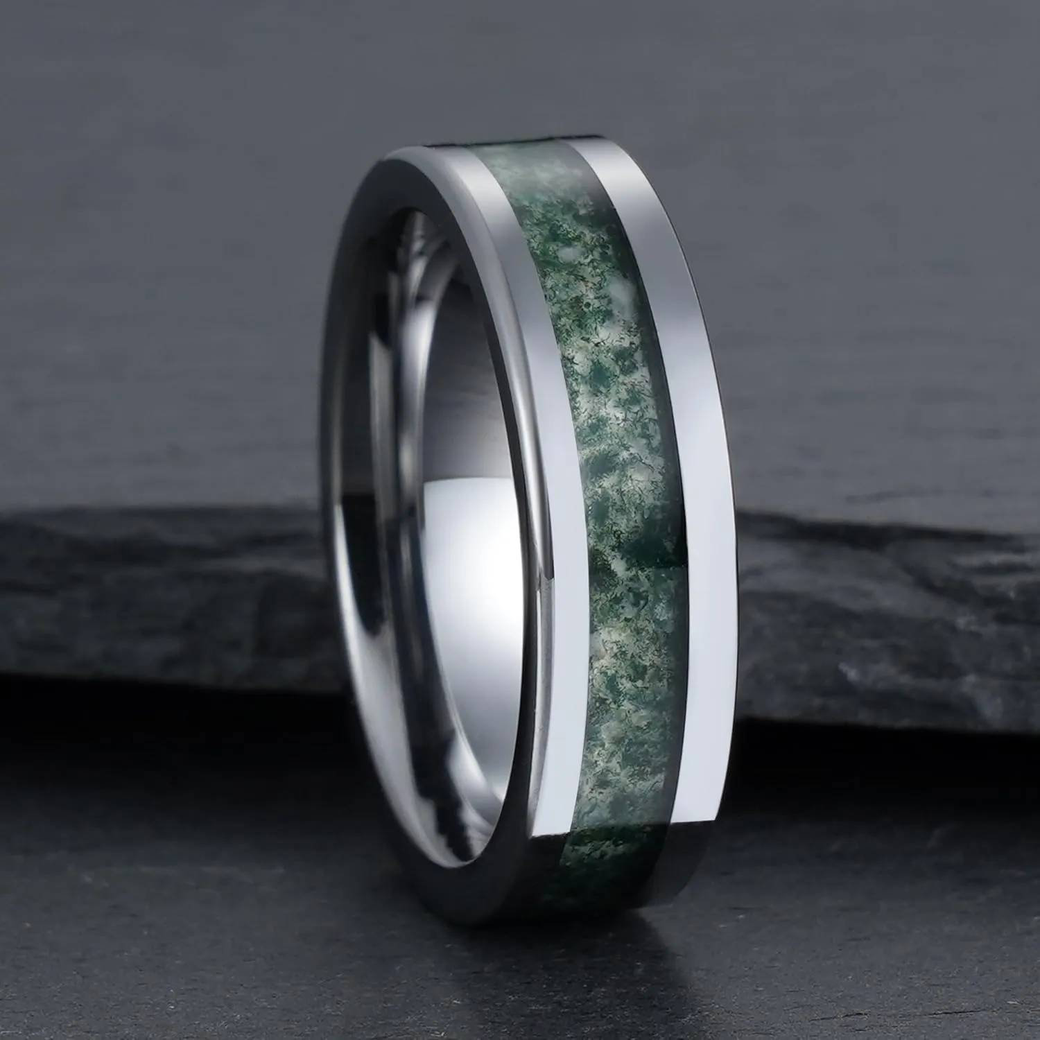 Custom Green Moss Agate Band Ring for Men Women Comfort Fit Statement Engagement Promise Bridal Wedding Jewelry Gifts for Father Teens Friend Polished Finish Width 4/6/8mm