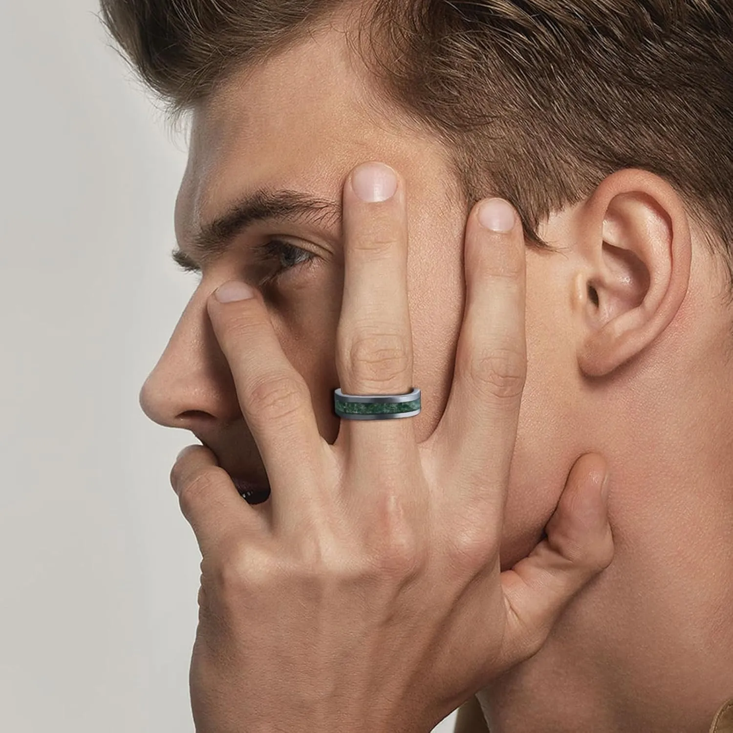 Custom Green Moss Agate Band Ring for Men Women Comfort Fit Statement Engagement Promise Bridal Wedding Jewelry Gifts for Father Teens Friend Polished Finish Width 4/6/8mm
