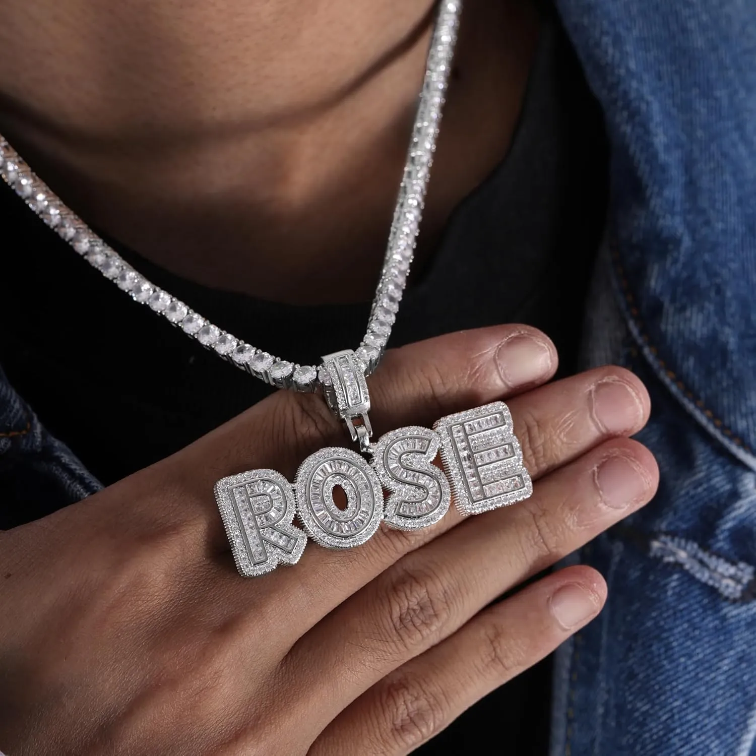 Custom Made Hip Hop Initial Name Pendant Necklace Personalized, Iced Out Jewelry Cz Diamond 14k Gold Silver Copper Letter Charm with Rope/Tennis Chain, Customize Name Plate Gift for Men Woman