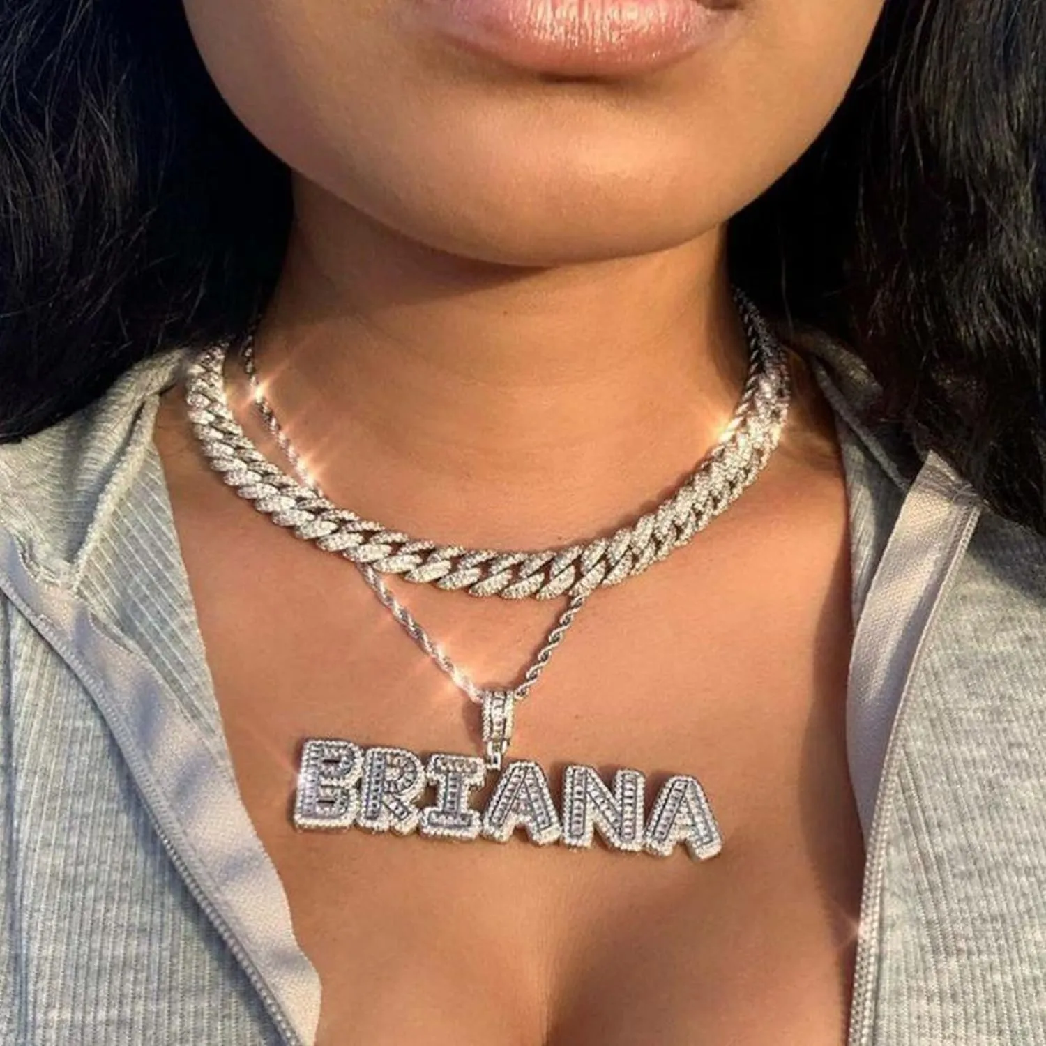 Custom Made Hip Hop Initial Name Pendant Necklace Personalized, Iced Out Jewelry Cz Diamond 14k Gold Silver Copper Letter Charm with Rope/Tennis Chain, Customize Name Plate Gift for Men Woman