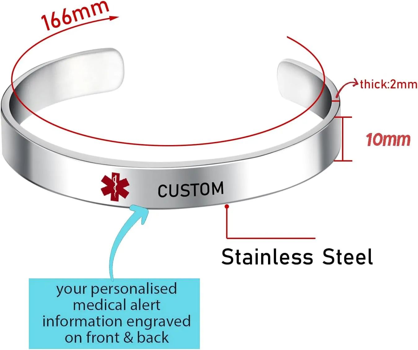 Custom Medical Alert Bracelets for Men & Women Customizable Free Engraving Stainless Steel Emergency Personalized Medical ID Wristband Bangle