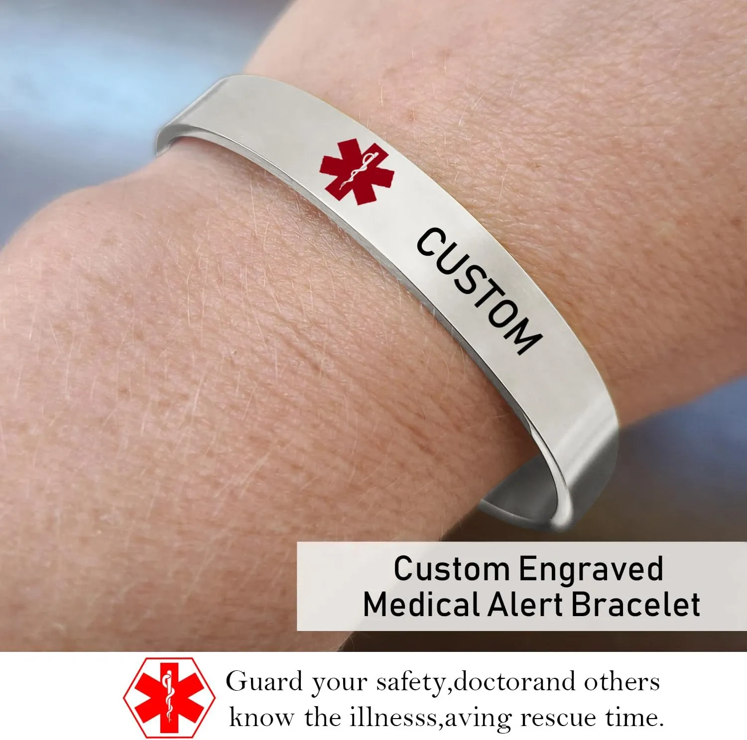 Custom Medical Alert Bracelets for Men & Women Customizable Free Engraving Stainless Steel Emergency Personalized Medical ID Wristband Bangle