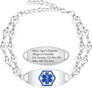 Custom Medical Alert Bracelets for Women, Personalized Medical Bracelet, Customized Stainless Steel Free Engraving Emergency Awareness Medical ID Bracelets for Autism Allergy Diabetic Epilepsy