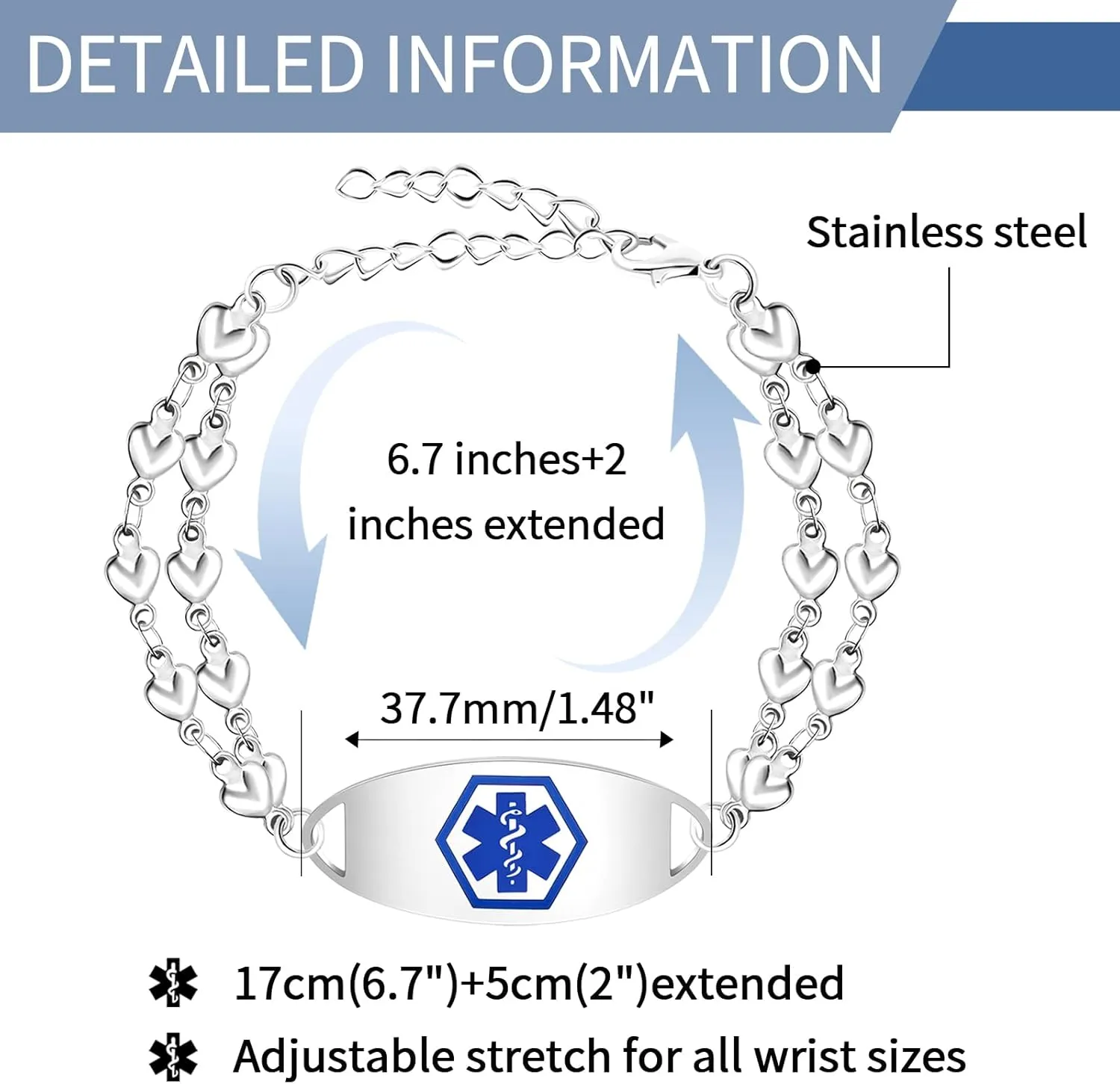 Custom Medical Alert Bracelets for Women, Personalized Medical Bracelet, Customized Stainless Steel Free Engraving Emergency Awareness Medical ID Bracelets for Autism Allergy Diabetic Epilepsy