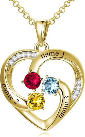 Custom Name Birthstone Necklace for Mom Sterling Silver Personalized Heart Name Necklaces for Women with 3 Birthstones Mother's Jewelry Gift for Mother's Day
