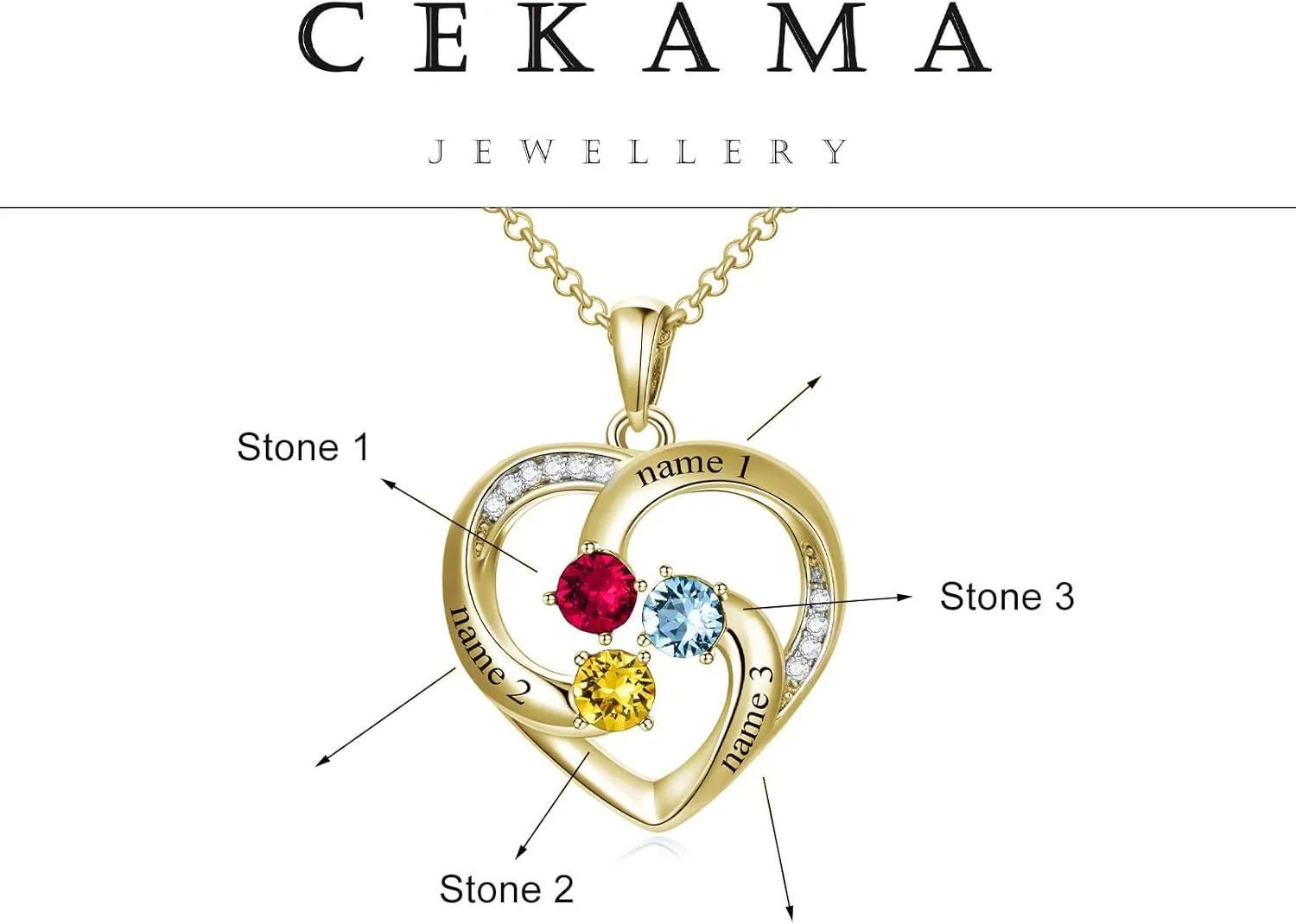 Custom Name Birthstone Necklace for Mom Sterling Silver Personalized Heart Name Necklaces for Women with 3 Birthstones Mother's Jewelry Gift for Mother's Day