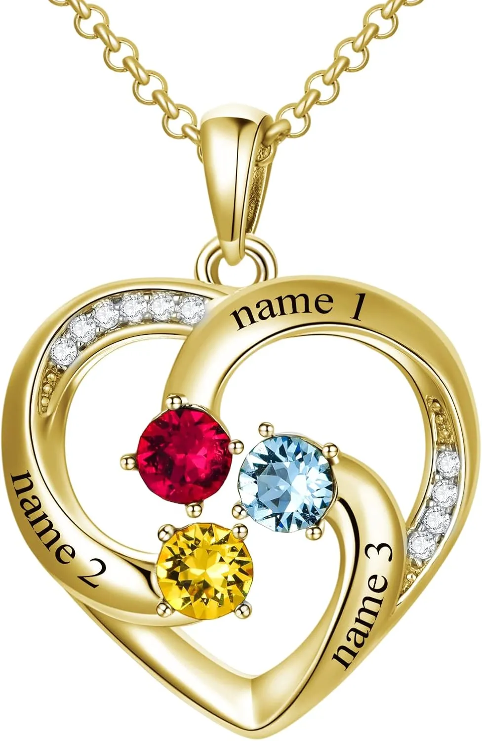 Custom Name Birthstone Necklace for Mom Sterling Silver Personalized Heart Name Necklaces for Women with 3 Birthstones Mother's Jewelry Gift for Mother's Day