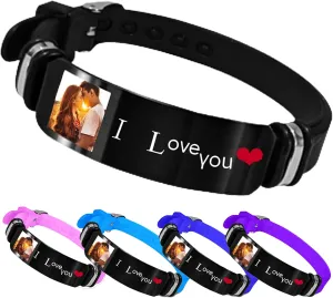 Custom Photo Bracelet - Personalized Gifts for Him & Her, Custom Picture, Name & Text Engraved Stainless Steel Silicone Wristband Jewelry for Father's Day