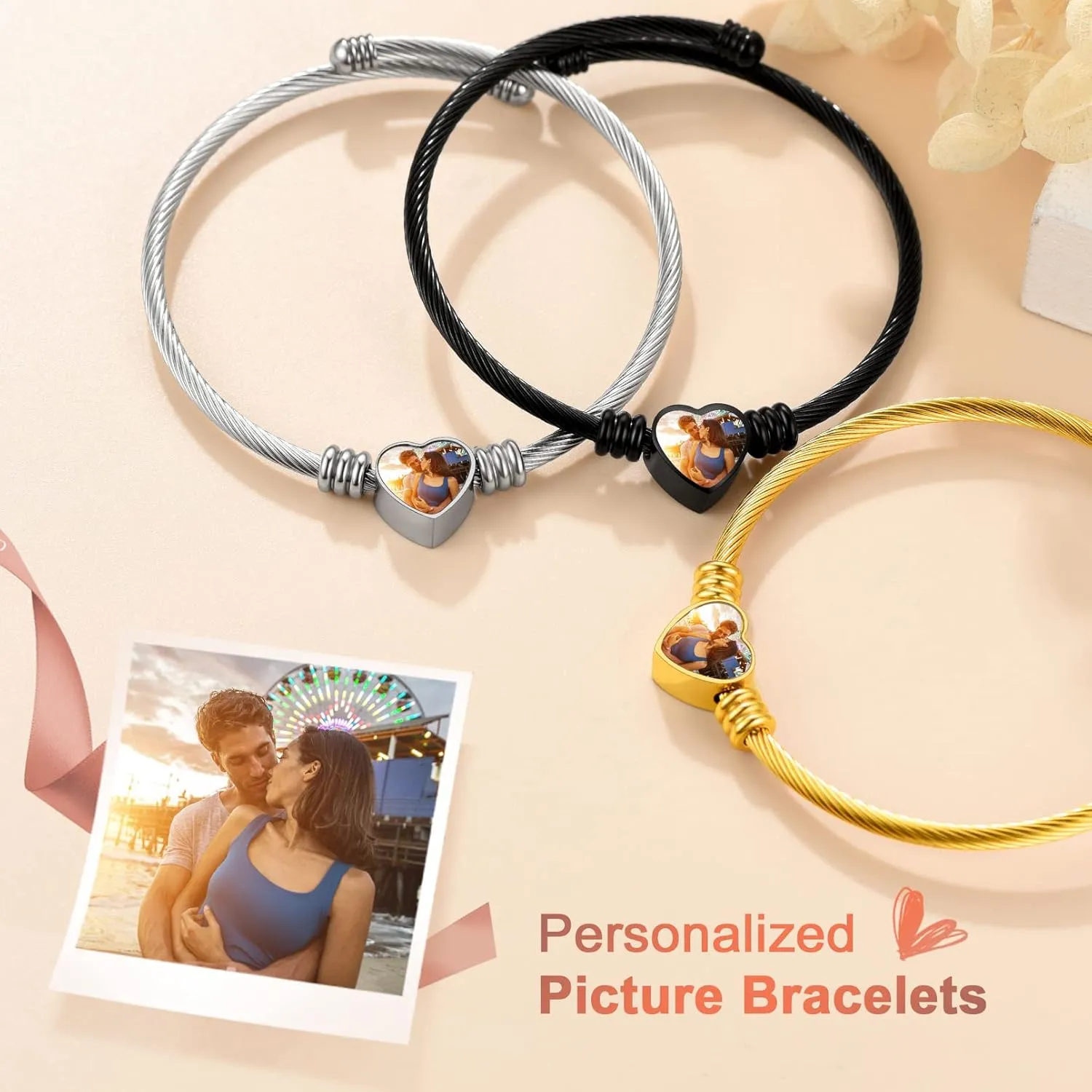 Custom4U Personalized Picture Bracelets for Women - Custom Locket/Charm Cuff Bangle Bracelet - Engraved Inspirational Memorial Jewelry Birthday Mothers Day Gift for Her Mom Wife