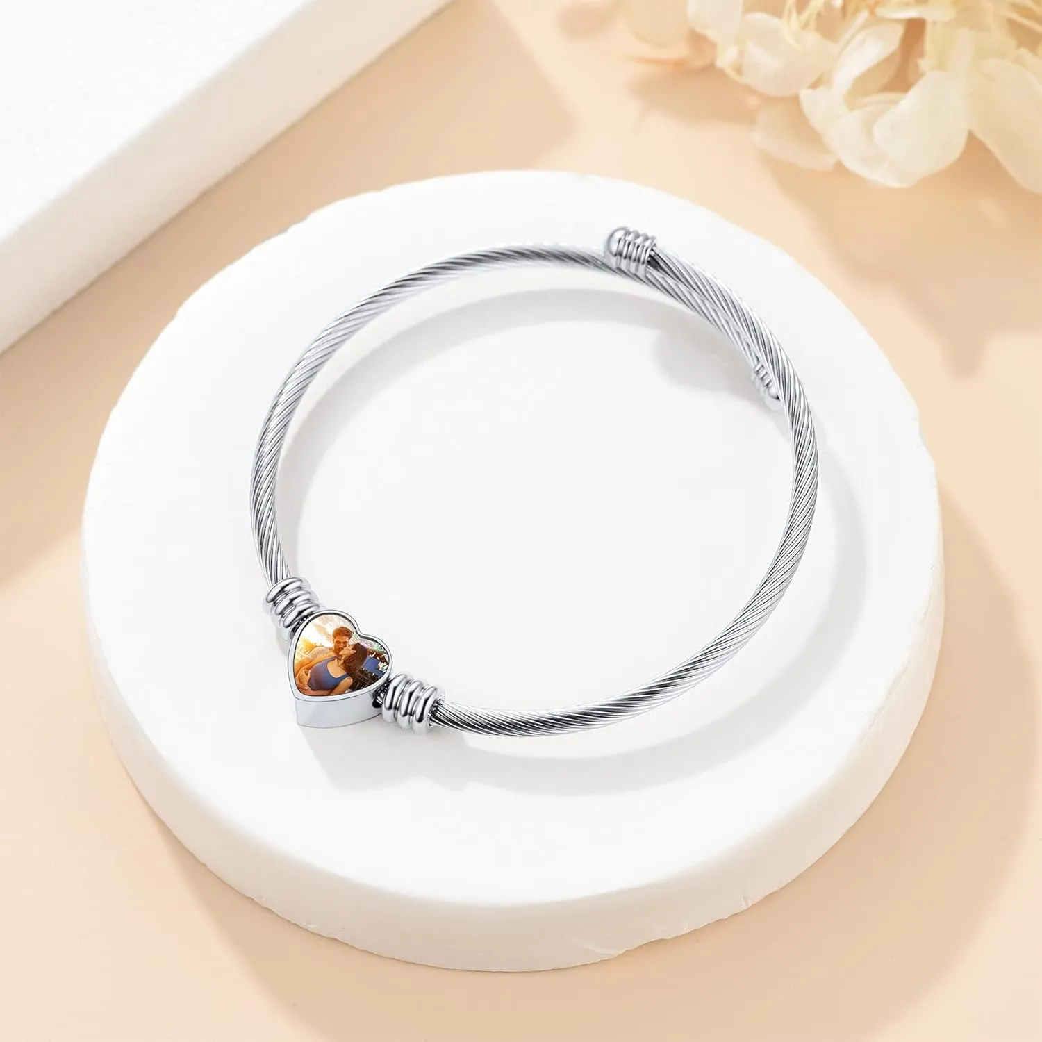 Custom4U Personalized Picture Bracelets for Women - Custom Locket/Charm Cuff Bangle Bracelet - Engraved Inspirational Memorial Jewelry Birthday Mothers Day Gift for Her Mom Wife