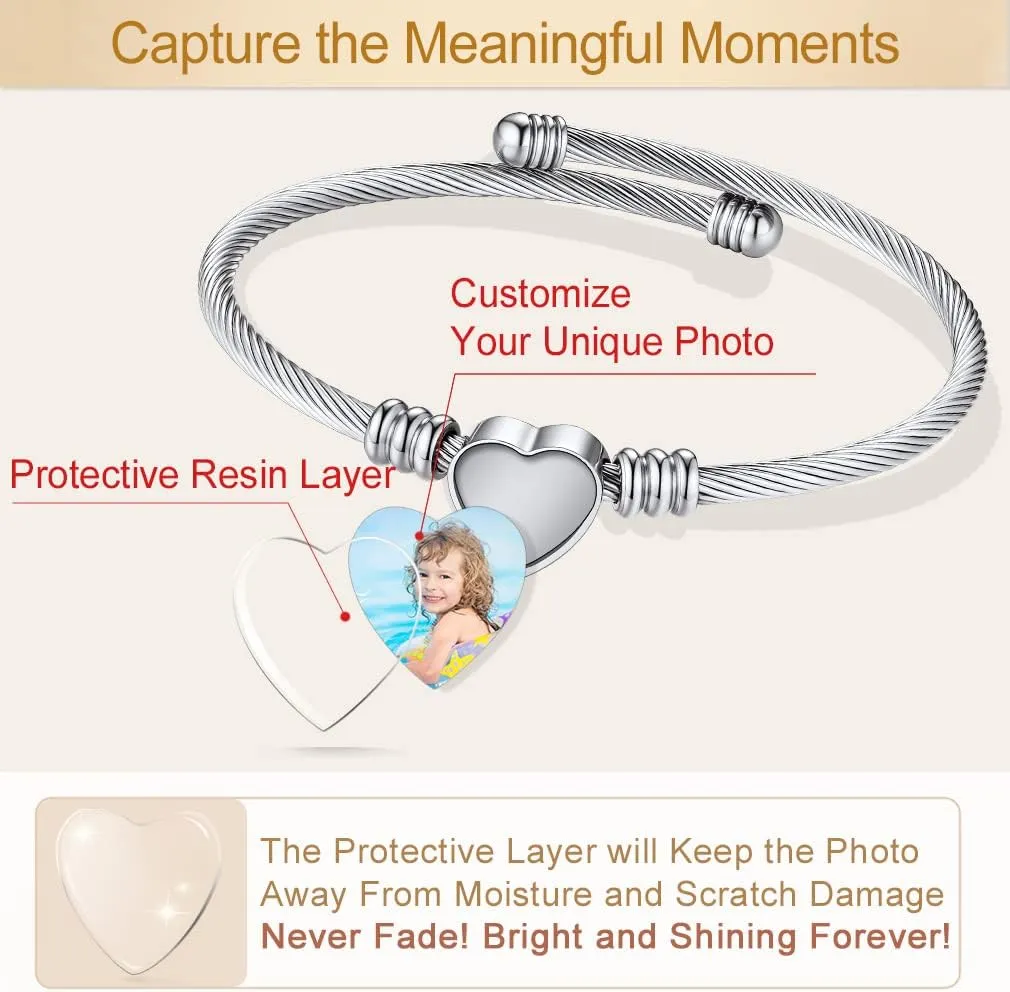 Custom4U Personalized Picture Bracelets for Women - Custom Locket/Charm Cuff Bangle Bracelet - Engraved Inspirational Memorial Jewelry Birthday Mothers Day Gift for Her Mom Wife