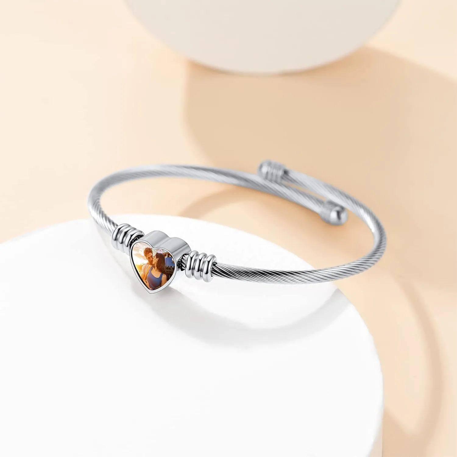 Custom4U Personalized Picture Bracelets for Women - Custom Locket/Charm Cuff Bangle Bracelet - Engraved Inspirational Memorial Jewelry Birthday Mothers Day Gift for Her Mom Wife