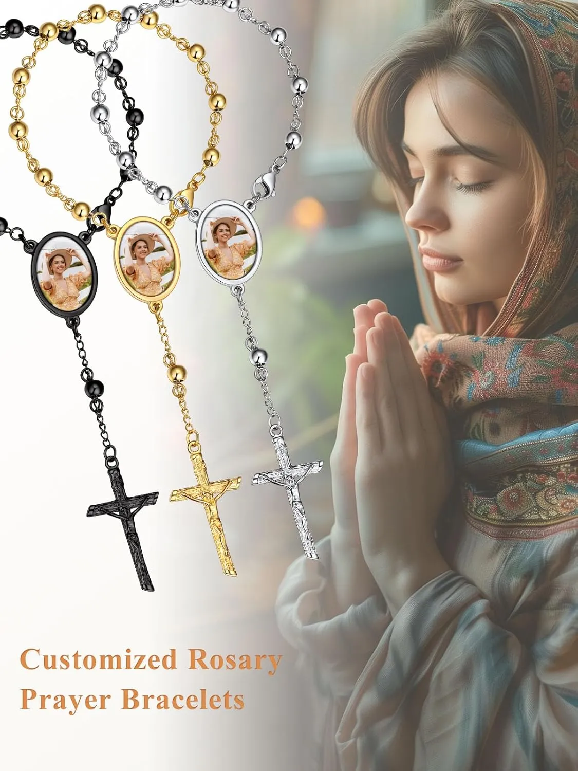 Custom4U Personalized Rosary Bracelets for Women Men Custom Rosary with Picture Crucifix Cross Charm Beaded Bracelets Photo Rosaries Stainless Steel/Wooden Prayer Gifts (with Gift Box)