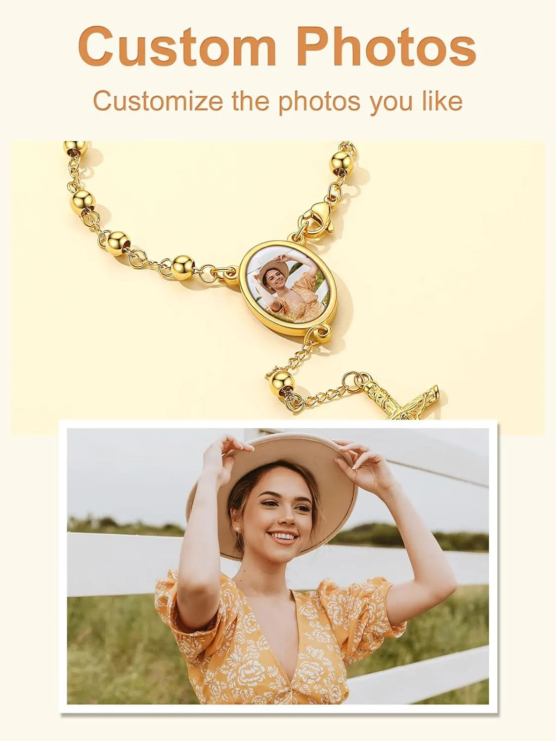 Custom4U Personalized Rosary Bracelets for Women Men Custom Rosary with Picture Crucifix Cross Charm Beaded Bracelets Photo Rosaries Stainless Steel/Wooden Prayer Gifts (with Gift Box)
