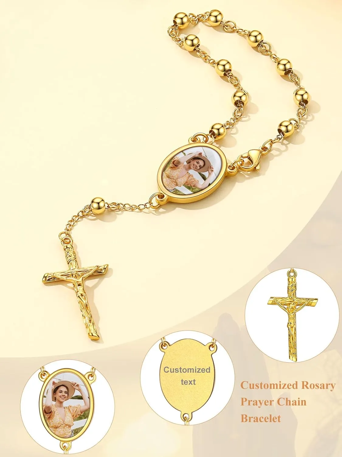Custom4U Personalized Rosary Bracelets for Women Men Custom Rosary with Picture Crucifix Cross Charm Beaded Bracelets Photo Rosaries Stainless Steel/Wooden Prayer Gifts (with Gift Box)