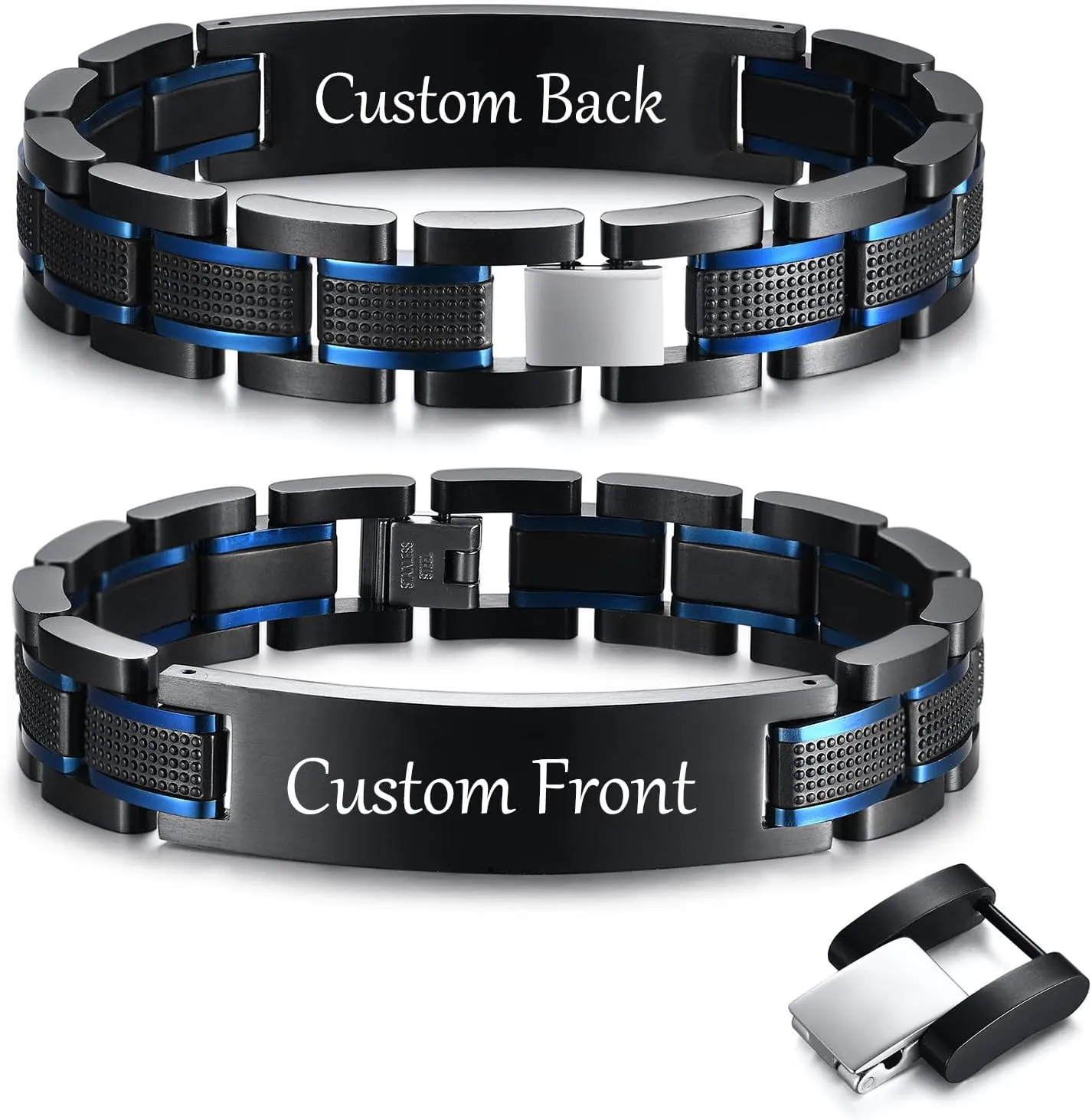 Customized Bracelets for Men - Personalized Mens Luxury Stainless Steel Wristband, Two Tones Black Blue Link Bracelets, Gift to Him Dad, Christmas Father's Day Graduation Gift, S Size