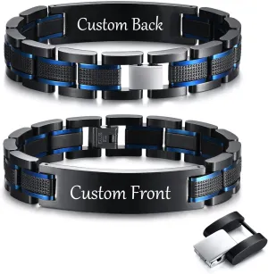 Customized Bracelets for Men - Personalized Mens Luxury Stainless Steel Wristband, Two Tones Black Blue Link Bracelets, Gift to Him Dad, Christmas Father's Day Graduation Gift, S Size