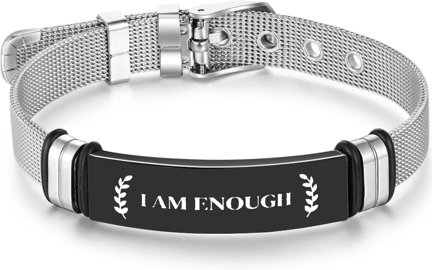 Customized Stainless Steel Bracelets for Men Women,Friendship Bracelet Best Friends, I Am Enough, Inspirational Jewelry Gifts for Friends, Black Stainless Steel Silicone Bracelet