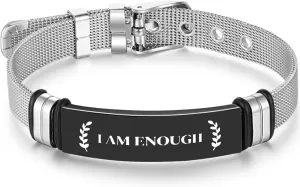 Customized Stainless Steel Bracelets for Men Women,Friendship Bracelet Best Friends, I Am Enough, Inspirational Jewelry Gifts for Friends, Black Stainless Steel Silicone Bracelet