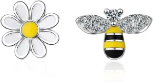 CZ Bee Daisy Flower Asymmetric Sterling Silver Tiny Small Stud Earrings for Women Cartilage Tragus Sensitive Ear Fashion Animal Cute Mini Piercing Post Hypoallergenic Gifts Daughter