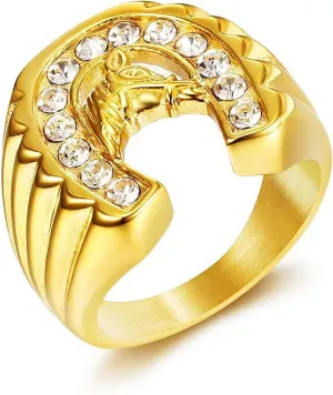 CZ U-Shape Horseshoe Ring for men Lucky Horse Head Ring Radiant Diamond Bling Biker 316 Stainless Steel Rings Iced Out Jewelry Punk Ring Hip Hop Heavy Metal Ring Vintage Animal rings mens fashion rings