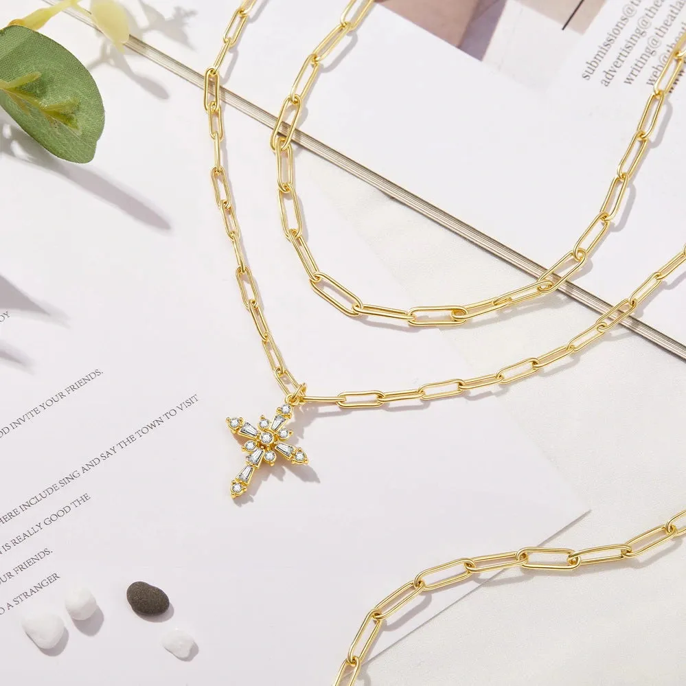 Dainty 14K Gold Layered Cross Pendant Necklace- Paperclip Cross