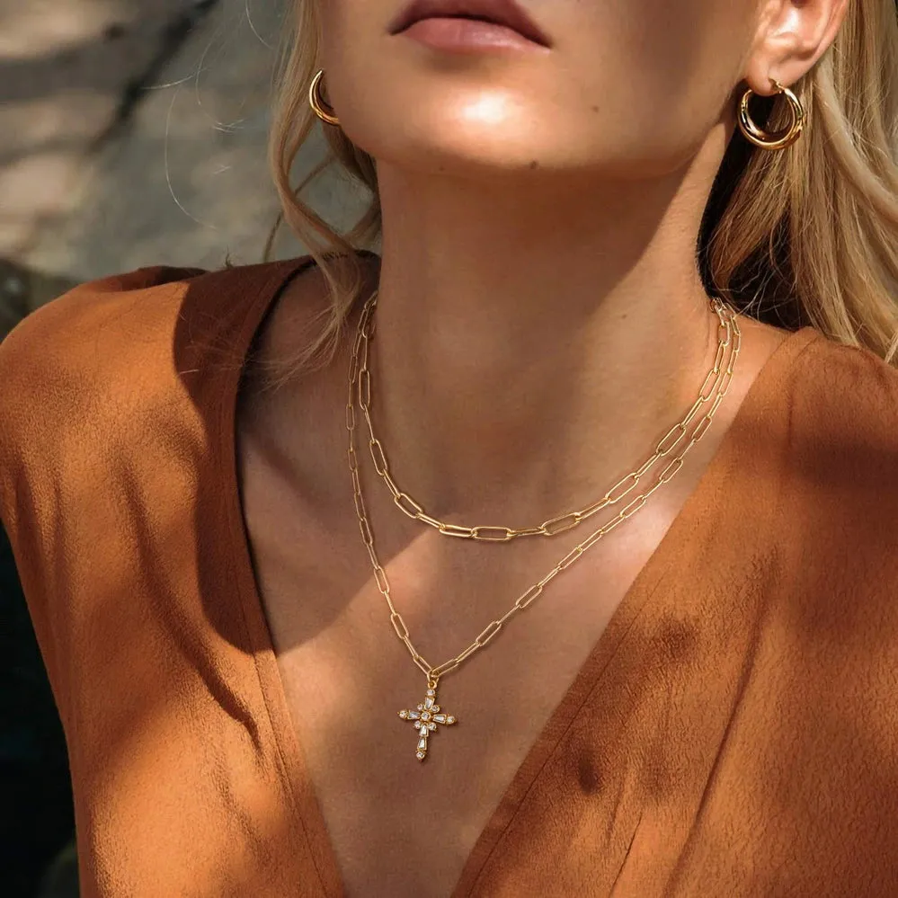 Dainty 14K Gold Layered Cross Pendant Necklace- Paperclip Cross