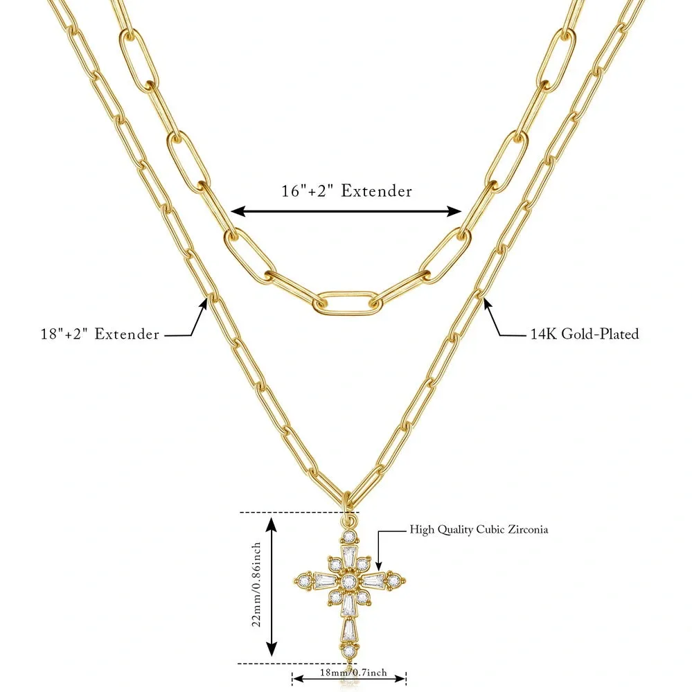 Dainty 14K Gold Layered Cross Pendant Necklace- Paperclip Cross