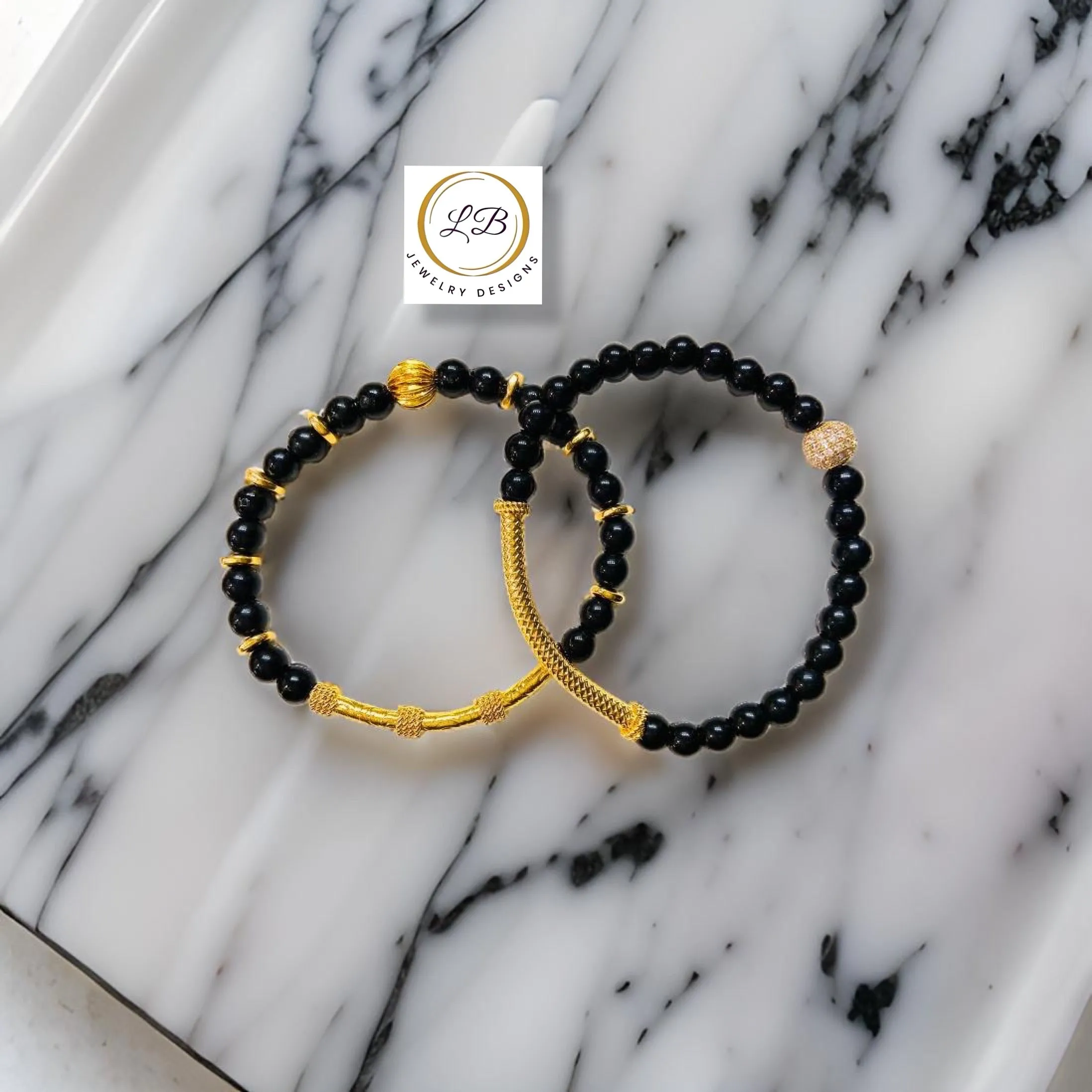 Dainty Black Onyx & Gold Vermeil Bali Tube Beaded Bracelet