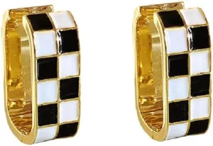 Dainty Checkered Oval Hoop Earring Minimalist Enamel Simple Earrings Chunky Jewelry for Women