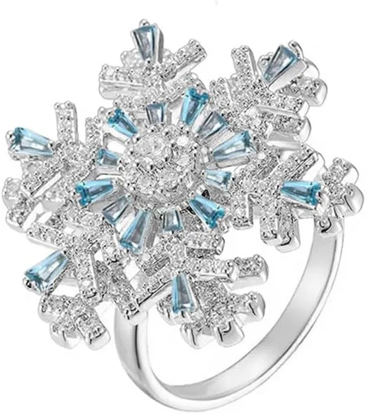 Dainty Snowflake Adjustable Rings Unique Funny Rotatable Fidget Spinner Open Ring Crystal Wedding Party Middle Knuckle Ring Winter Flower Holiday Jewelry Charms Love Gift for Mom Bff Xmas Birthday