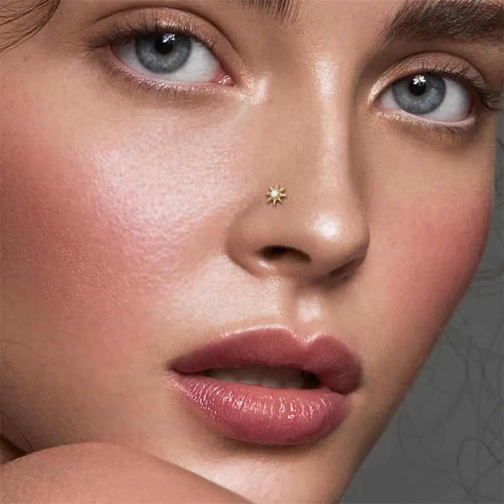 Dainty Star Nose Studs S925 Sterling Silver Cz Simulated Diamond Small Corkscrew L-Shaped Nose Hypoallergenic Screw Nose Rings Nostrial Helix Cartilage Piercing Body Jewelry Gifts For Women Men 20G