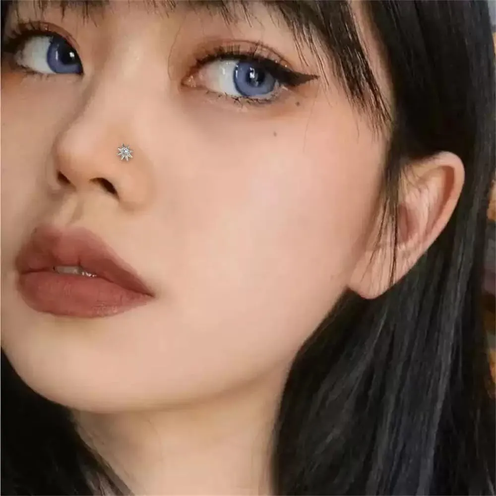 Dainty Star Nose Studs S925 Sterling Silver Cz Simulated Diamond Small Corkscrew L-Shaped Nose Hypoallergenic Screw Nose Rings Nostrial Helix Cartilage Piercing Body Jewelry Gifts For Women Men 20G