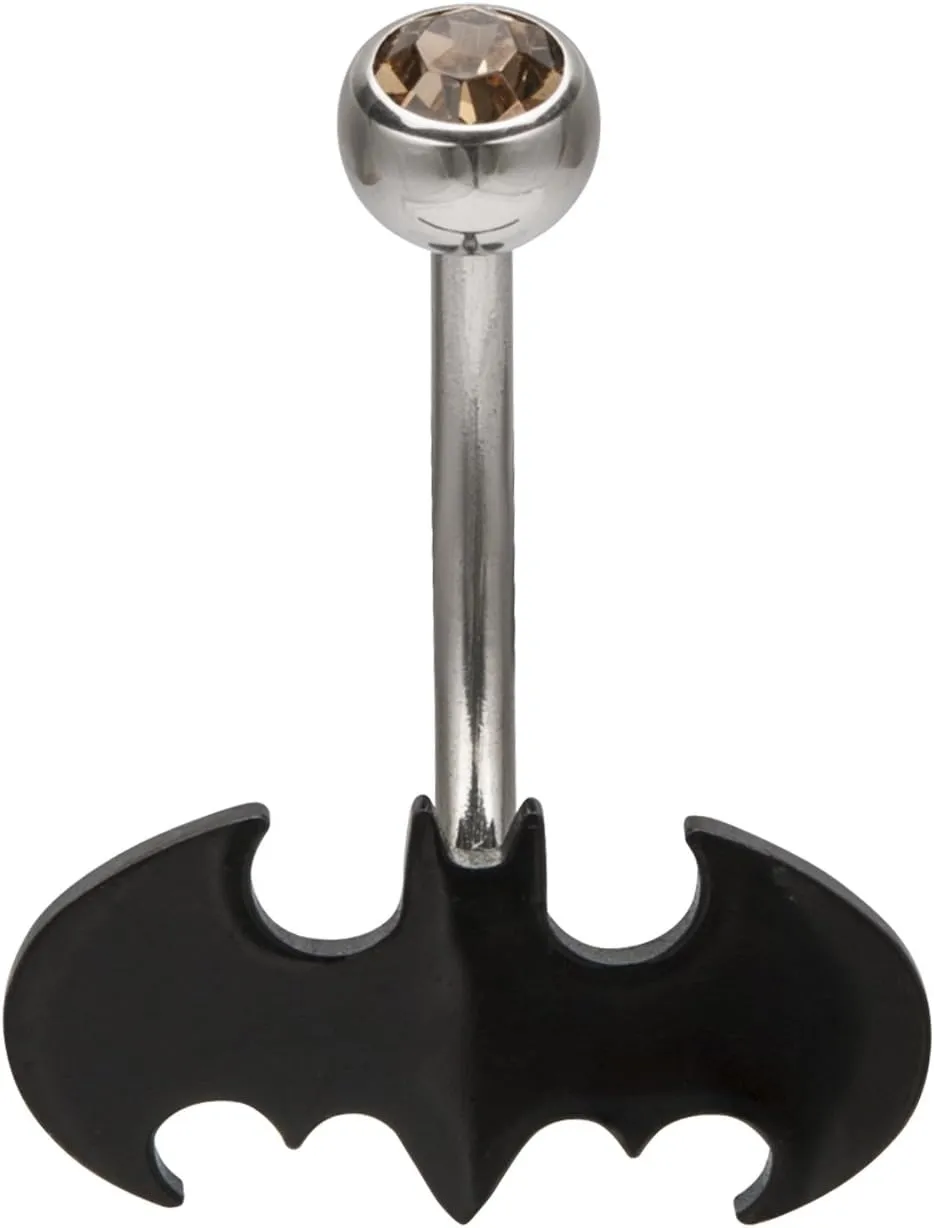 DC Comics Officially Licensed Unisex Stainless Steel Cutout Batman Logo 316L Surgical Navel Rings with fixed black batman symbol at the bottom.
