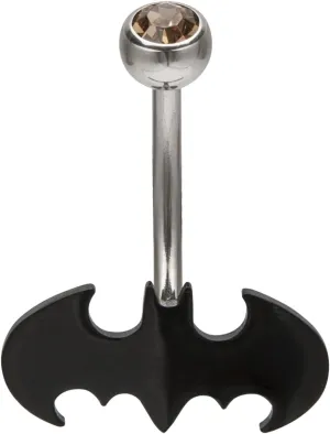 DC Comics Officially Licensed Unisex Stainless Steel Cutout Batman Logo 316L Surgical Navel Rings with fixed black batman symbol at the bottom.