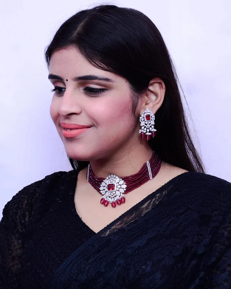 Designer Semi-Precious American Diamond & Emerald Choker Style Necklace with Earrings
