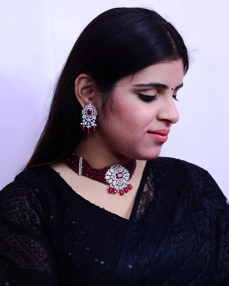 Designer Semi-Precious American Diamond & Emerald Choker Style Necklace with Earrings