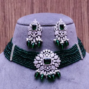 Designer Semi-Precious American Diamond & Emerald Choker Style Necklace with Earrings