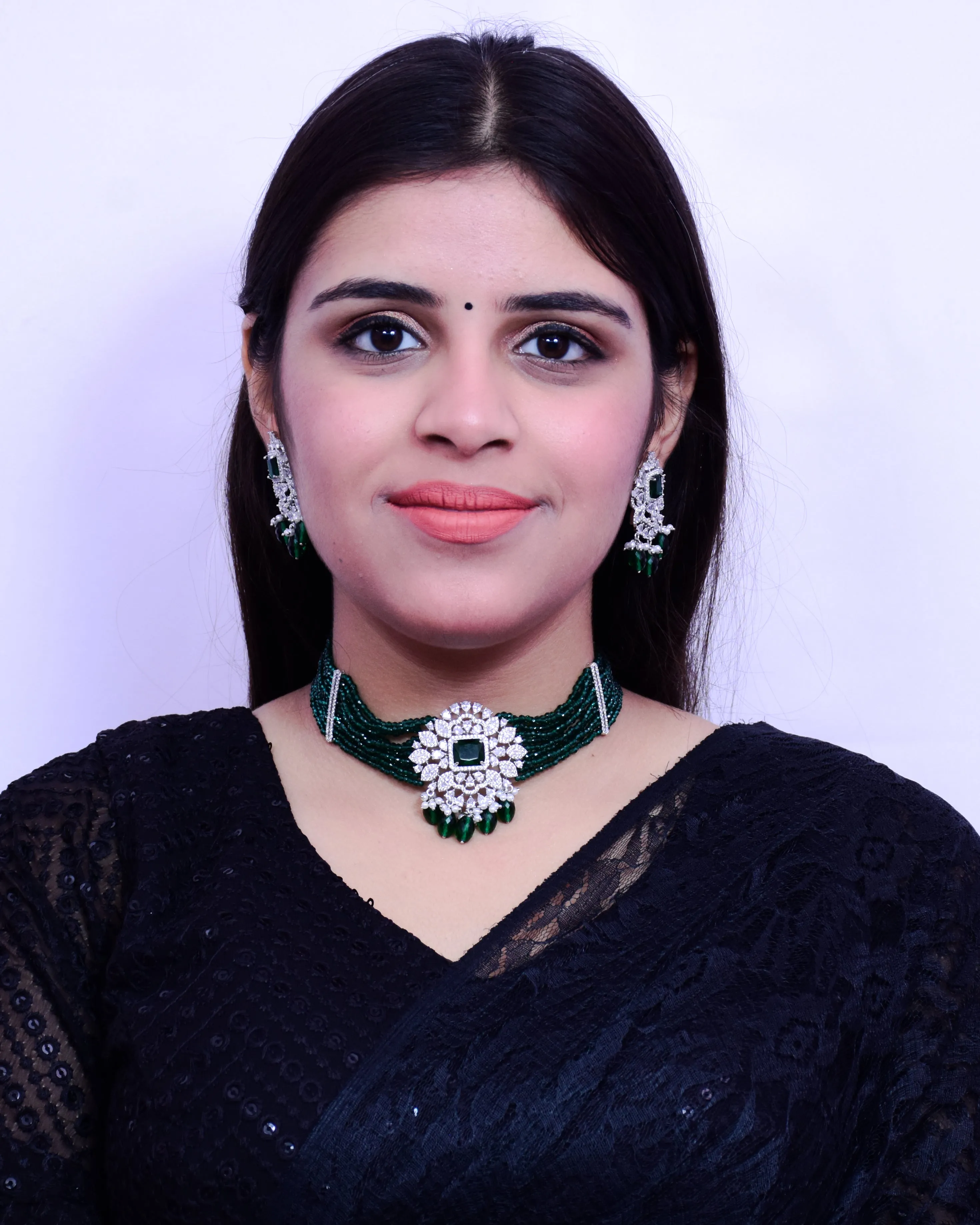 Designer Semi-Precious American Diamond & Emerald Choker Style Necklace with Earrings