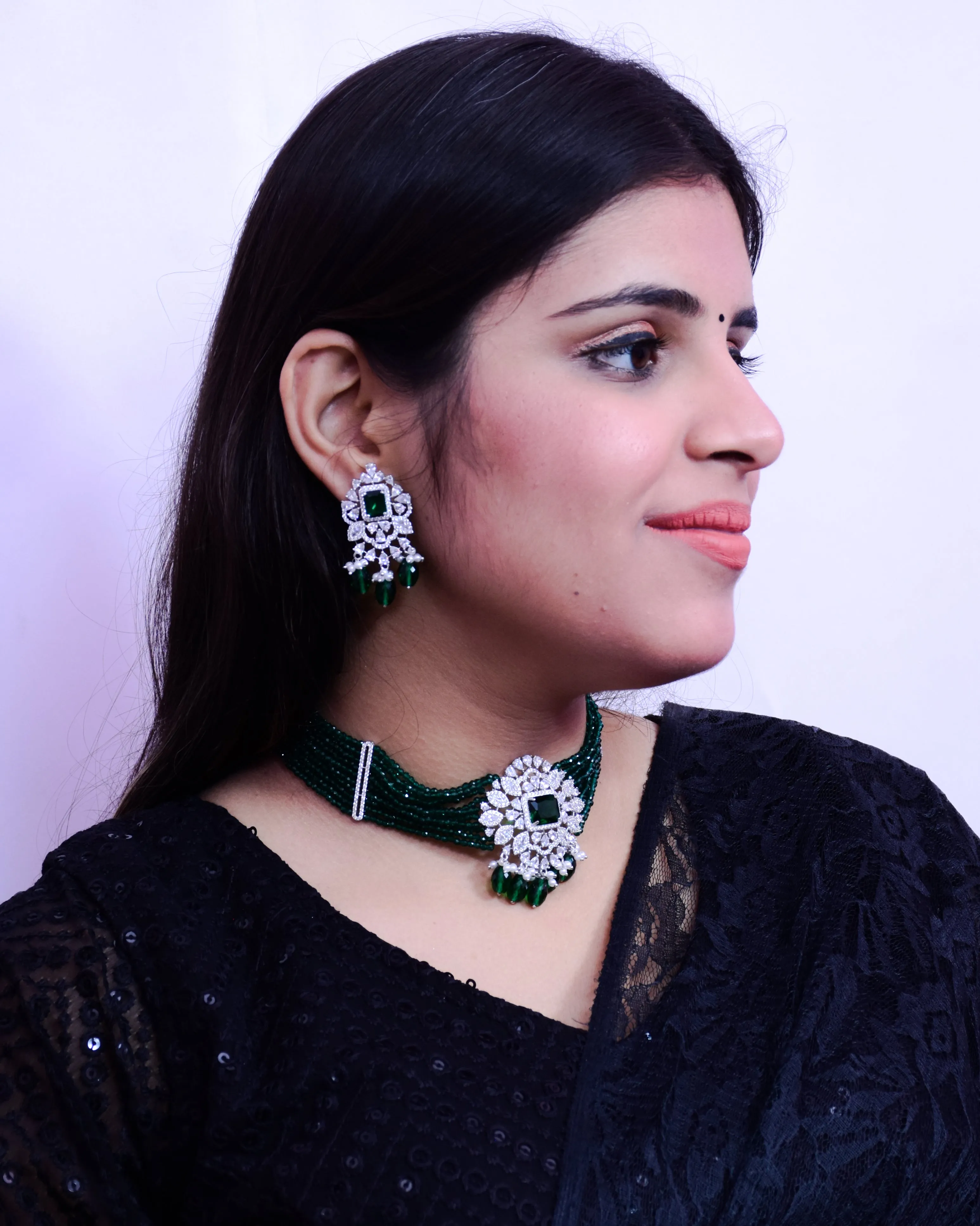 Designer Semi-Precious American Diamond & Emerald Choker Style Necklace with Earrings