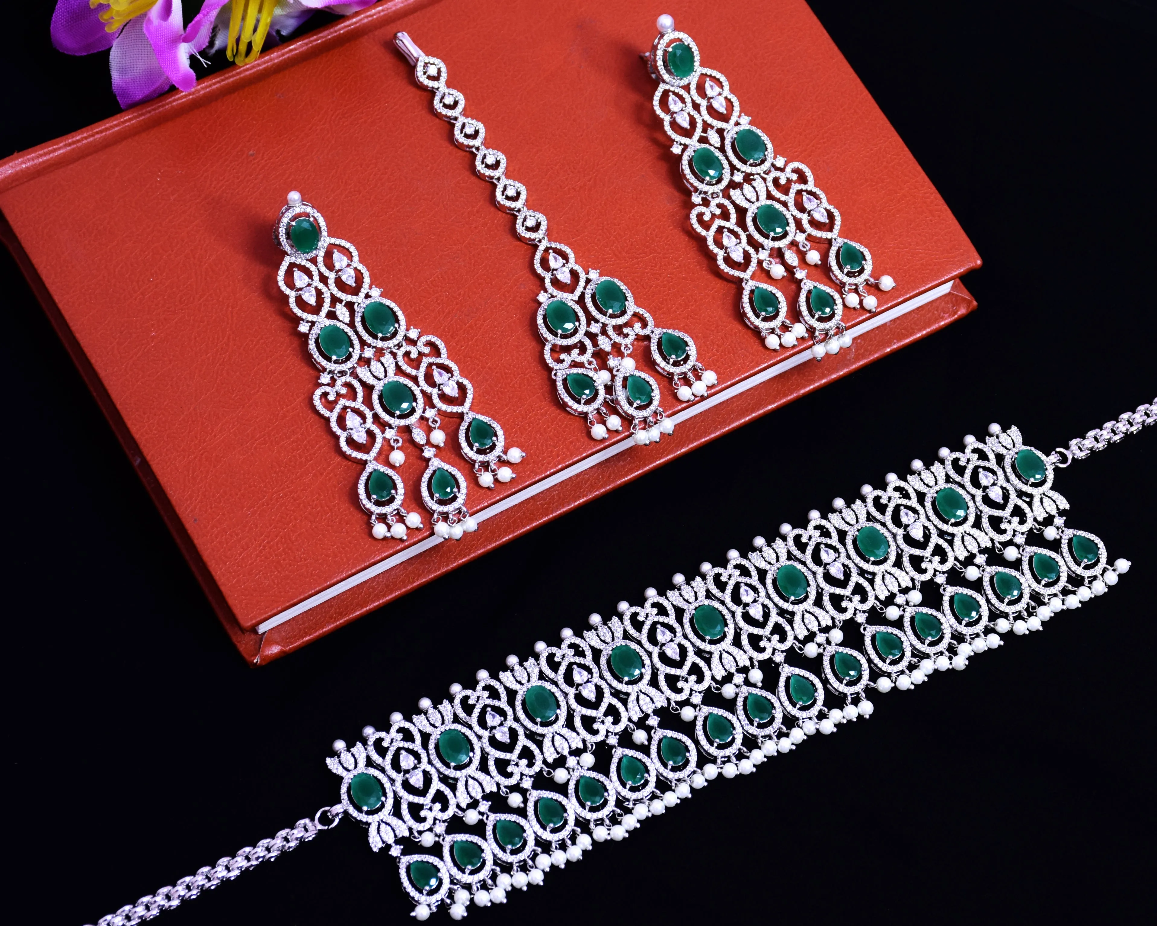 Designer Semi-Precious American Diamond & Emerald Color Choker Style Necklace with Earrings (D687)