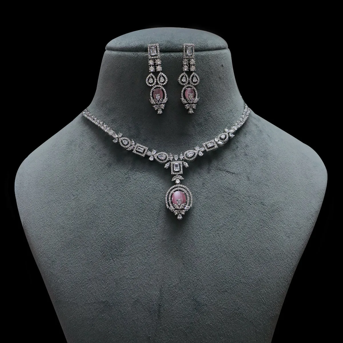 Designer Semi-Precious American Diamond & Ruby Necklace with Earrings (D483)