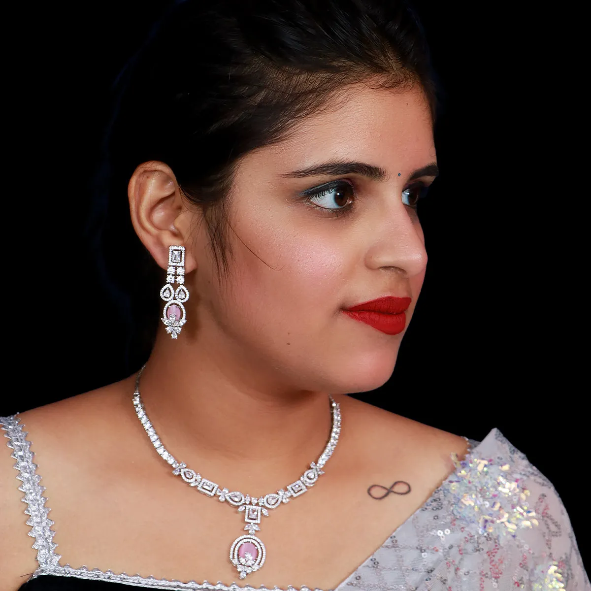 Designer Semi-Precious American Diamond & Ruby Necklace with Earrings (D483)